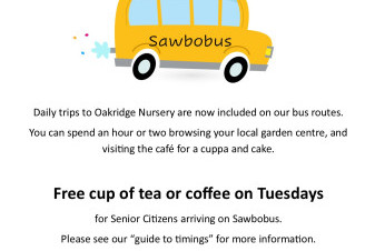 Free Cup of Tea or Coffee for Senior Citizens arriving at Oakridge Nursery on Sawbobus every Tuesday
