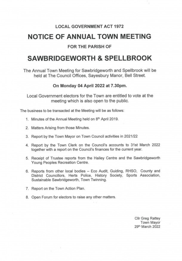 Annual Town Meeting 7:30pm on 04 April 2022 at The Council Offices, Sayesbury Manor, Bell Street